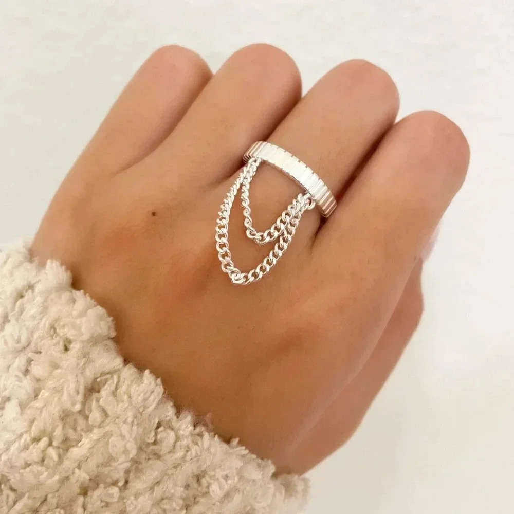 925 Sterling Silver Dangle Chain Drop Ring Minimalist Dainty Ring - Picture 5 of 7